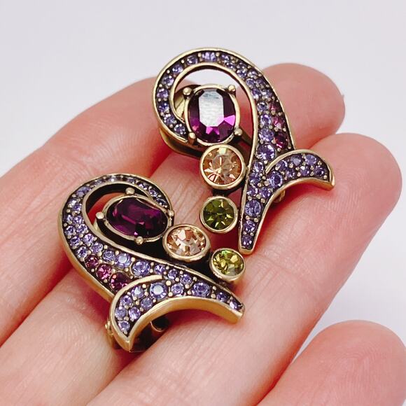Heidi Daus Beguiling Baroque Purple Multicolor Swirl Pave Jewel Clip On Earrings - Picture 12 of 12